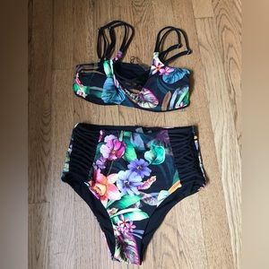 Tinibikini brand black and floral reversible bikini XS. NWT